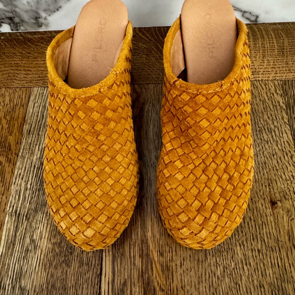 Pilcro Anthropologie Woven Suede Clog Mules Size 7 Boho Wooden Heel - Picture 2 of 9